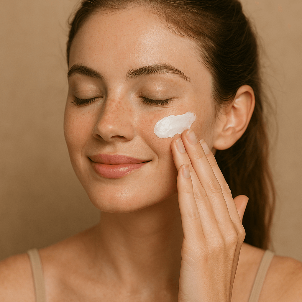 Imagem realista de uma jovem aplicando protetor solar no rosto, com expressão serena e olhos fechados. Ela espalha o produto na bochecha com a ponta dos dedos. Imagem gerada por inteligência artificial (ChatGPT 5.1)