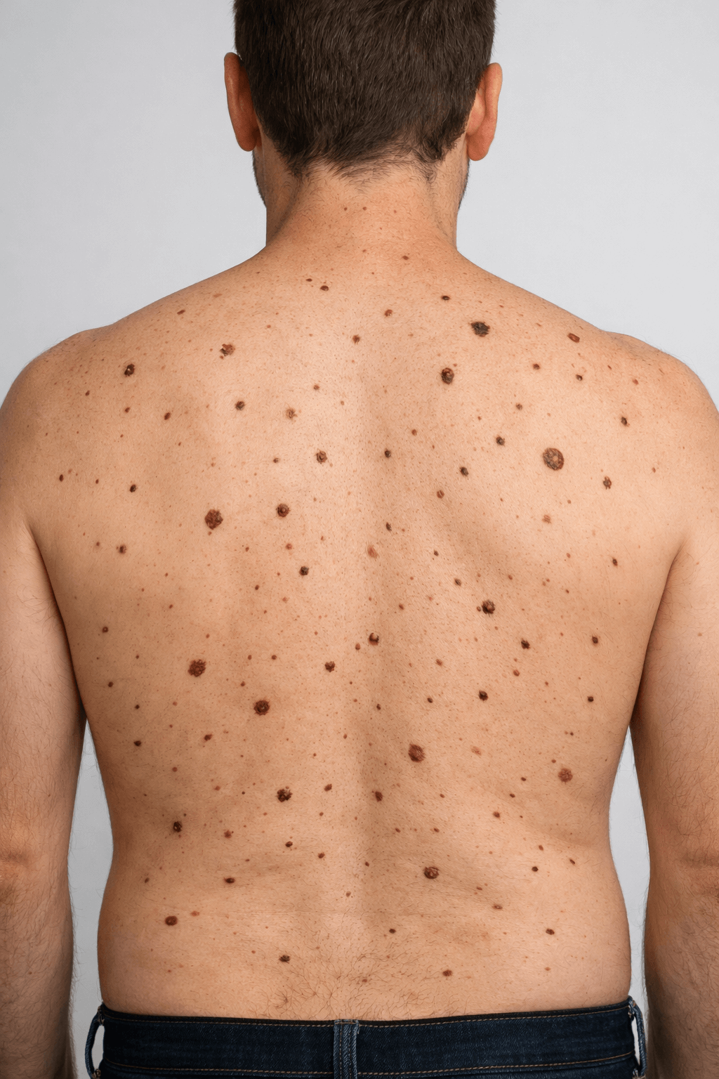 Ilustração de um paciente com multilos nevos nas costas, criado por IA