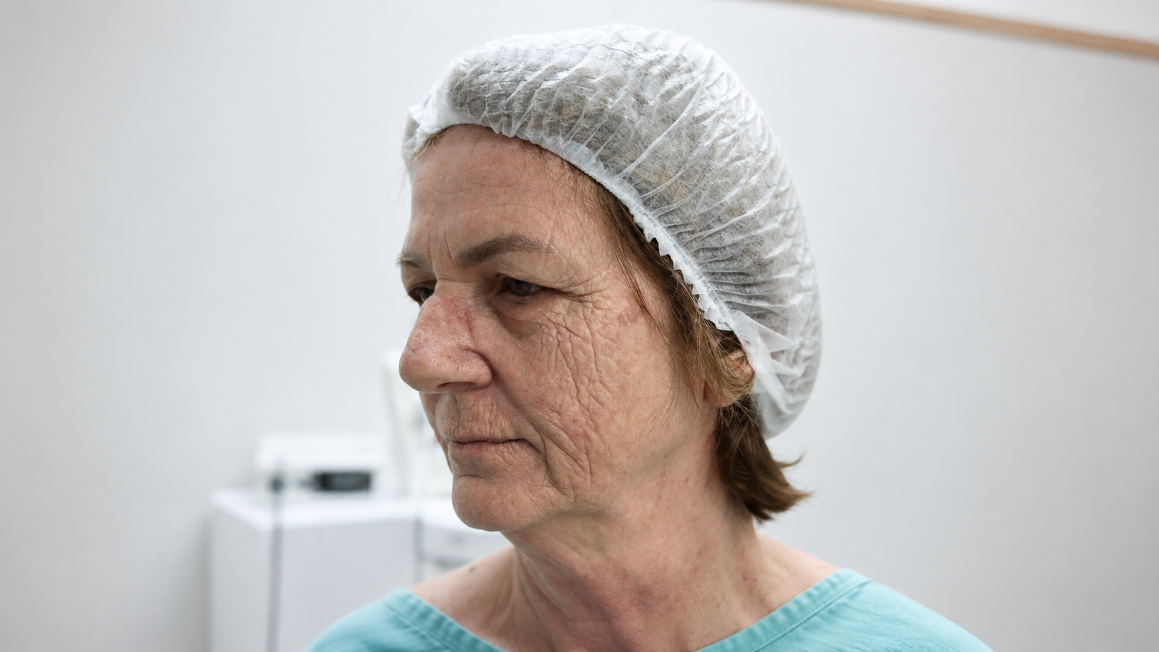 Paciente em vista lateral com lesão cutânea no dorso do nariz, fotografada para documentação e avaliação dermatológica.