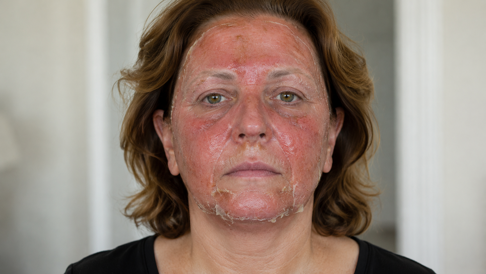 Paciente em vista frontal durante a fase de descamação da pele após peeling de fenol, com vermelhidão intensa e processo de cicatrização visível.