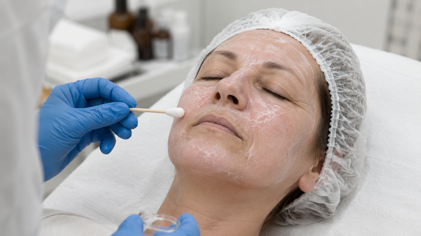 Aplicação de peeling de fenol no rosto com cotonete, durante procedimento dermatológico realizado em ambiente clínico.