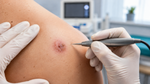 Dermatologista realizando procedimento para tratamento de carcinoma basocelular na pele
