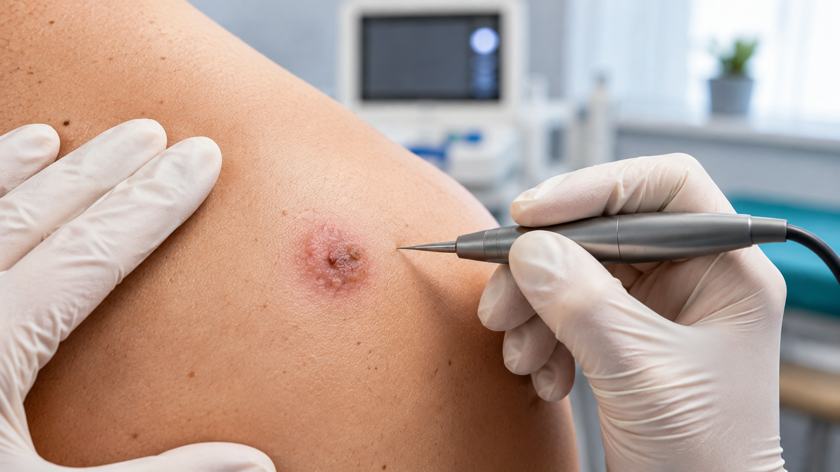 Dermatologista realizando procedimento para tratamento de carcinoma basocelular na pele