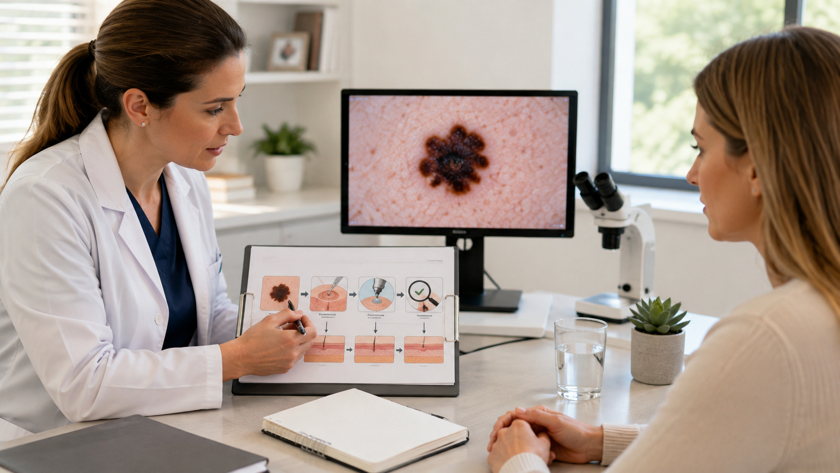 Dermatologista explicando etapas do tratamento de melanoma durante consulta com paciente