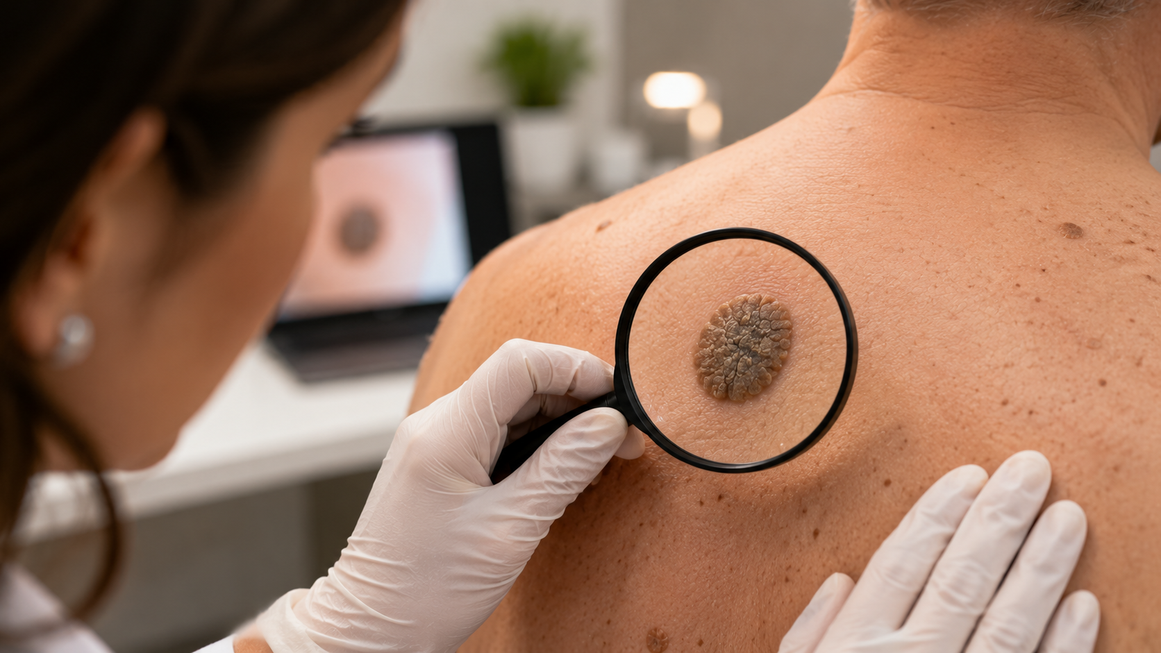 Dermatologista examinando lesão compatível com ceratose seborreica nas costas