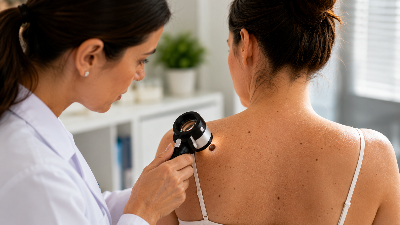 Dermatologista examinando pintas e lesões na pele das costas de paciente