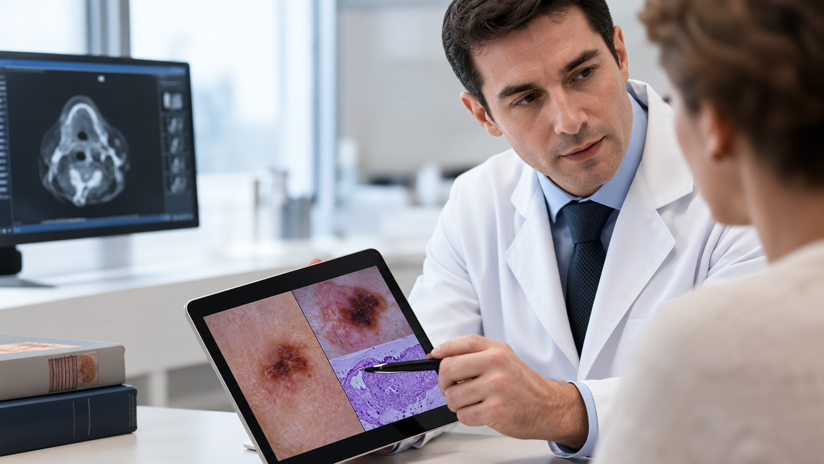 Dermatologista explicando exames de lesões de pele durante avaliação de carcinoma basocelular avançado e indicação de tratamento sistêmico.