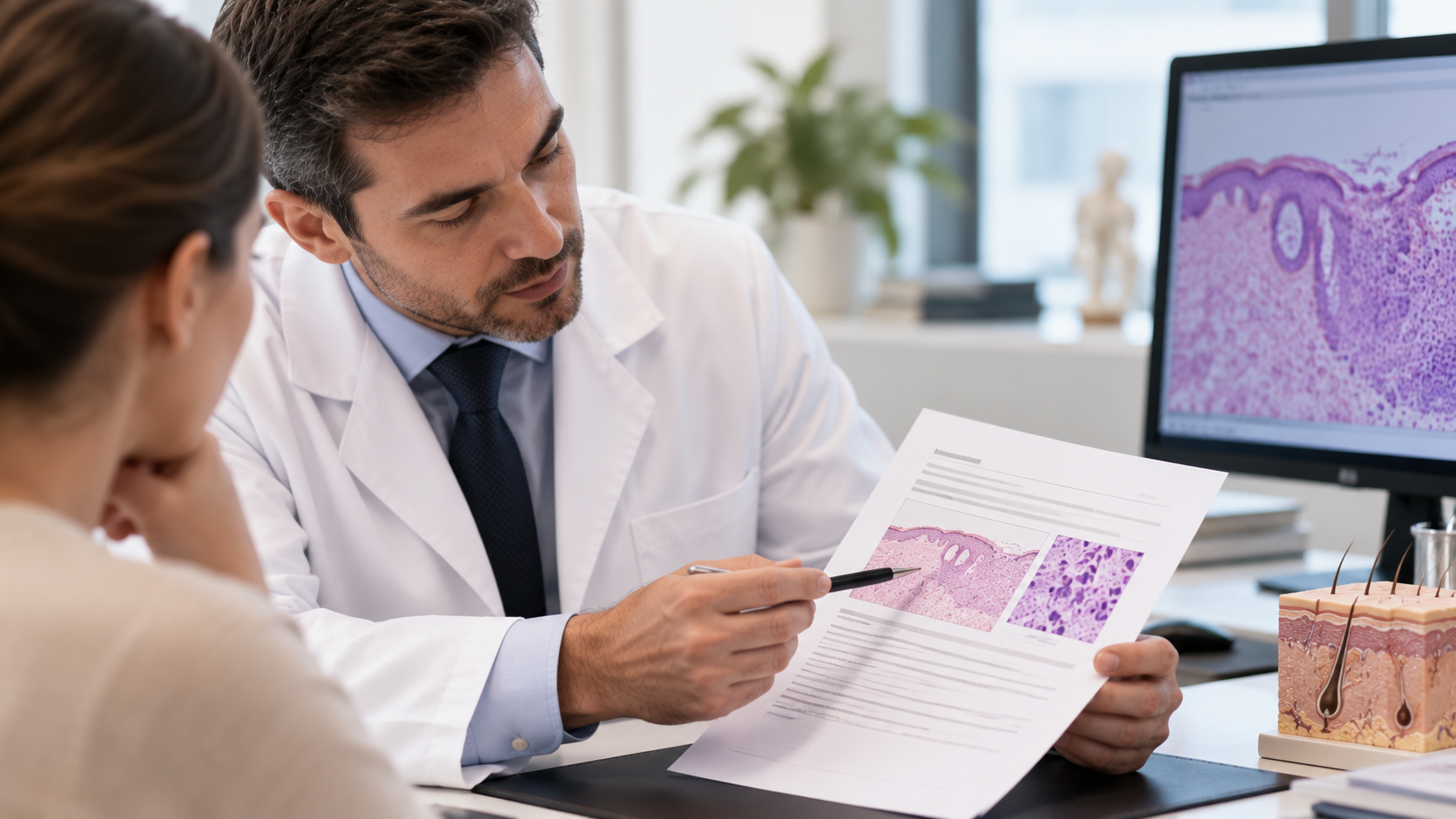 Dermatologista explicando laudo de biópsia de pele com imagens histopatológicas durante consulta com paciente.