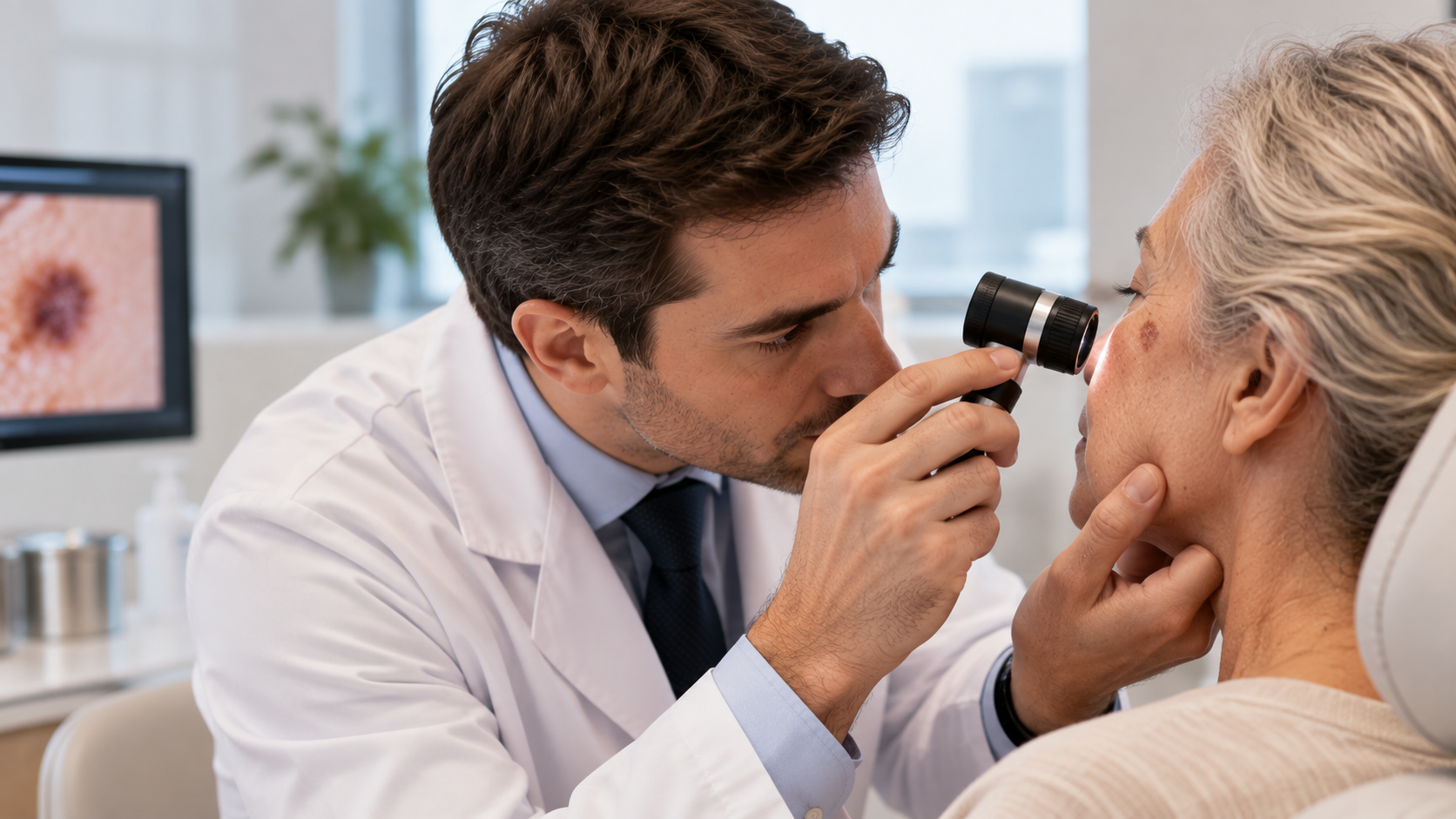 Dermatologista examinando lesão facial em paciente idosa com dermatoscópio durante avaliação de carcinoma espinocelular de alto risco.