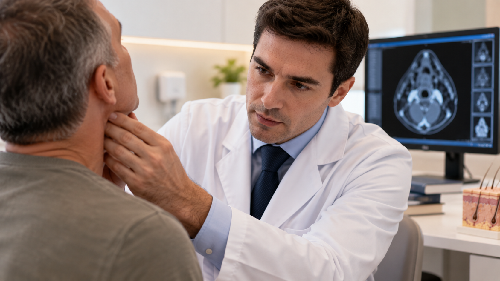 Dermatologista examinando região do pescoço de paciente durante avaliação de sinais relacionados ao carcinoma espinocelular metastático.