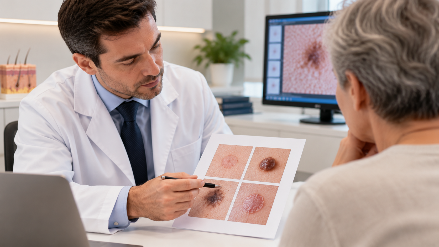 Dermatologista explicando diferentes lesões de pele durante consulta sobre prognóstico, cura e risco de recidiva do carcinoma espinocelular.