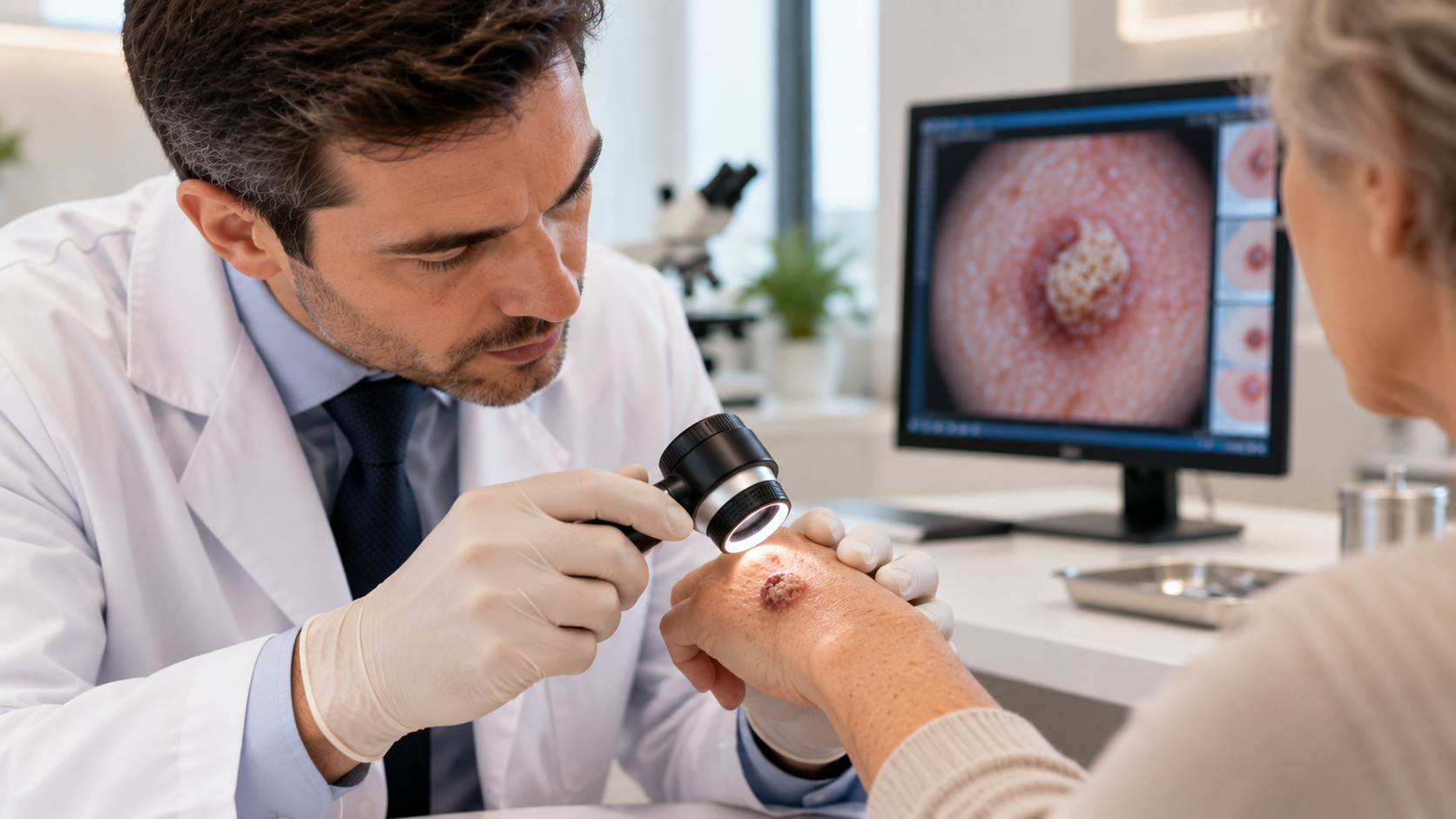 Dermatologista examinando lesão elevada na mão de paciente idosa para avaliação de queratoacantoma e diferenciação do carcinoma espinocelular.