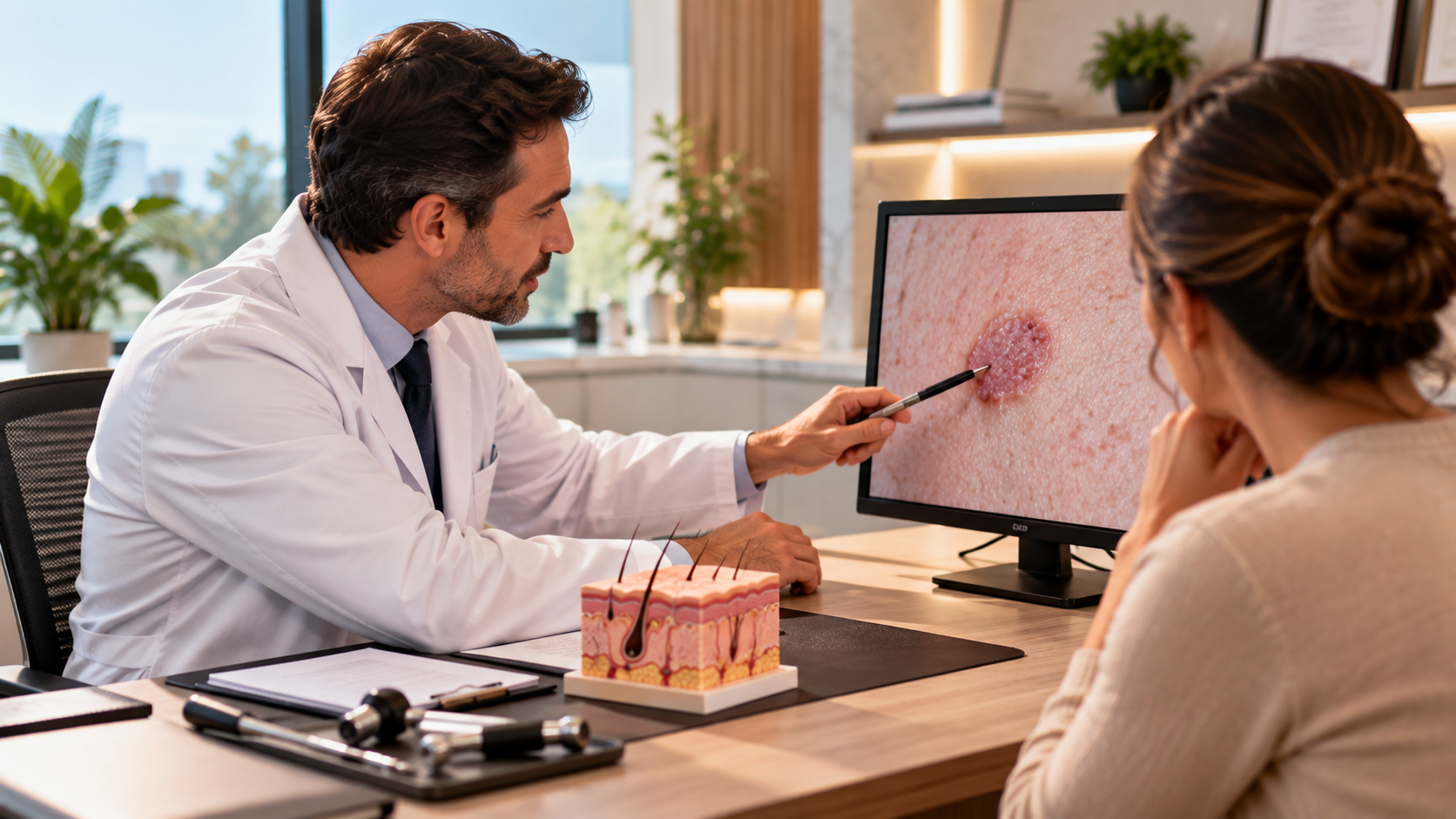 Dermatologista explicando lesão de pele em consulta, representando opções e critérios para o tratamento do carcinoma espinocelular.