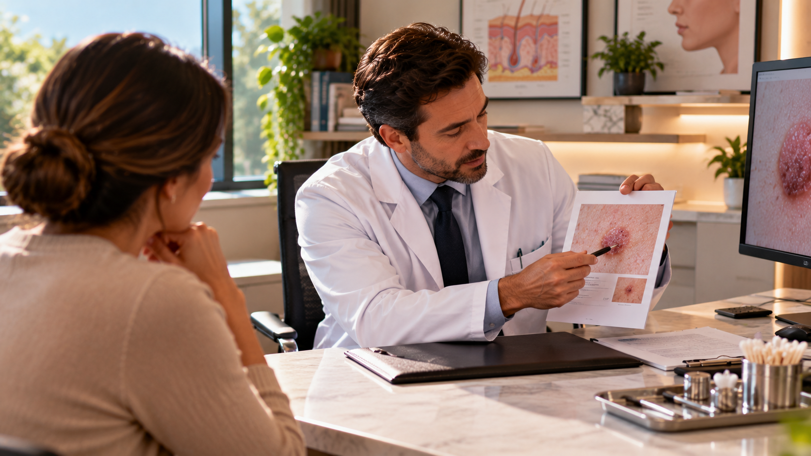 Dermatologista explicando resultado de biópsia e lesão de pele durante consulta sobre carcinoma basocelular.