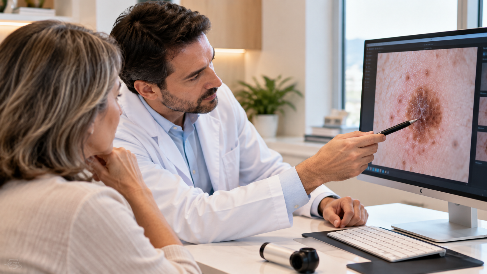 Médico dermatologista orientando paciente durante avaliação de uma alteração cutânea, representando a investigação de margem comprometida e recidiva do carcinoma basocelular.