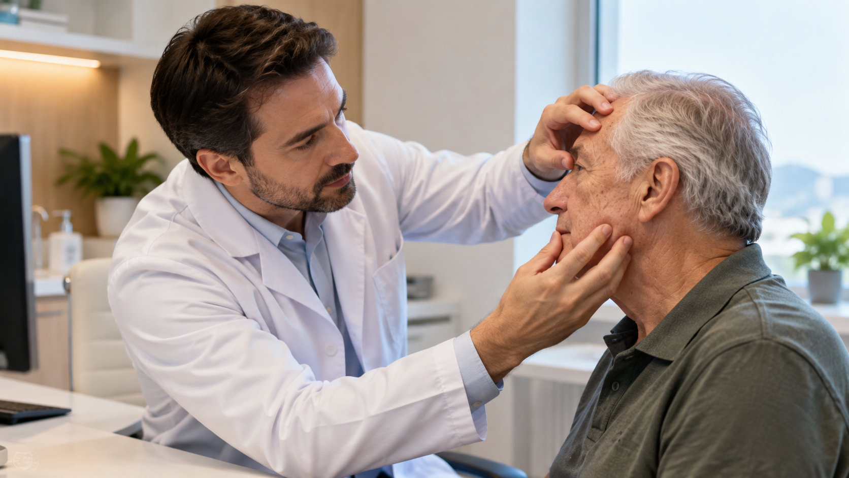 Médico dermatologista avaliando cuidadosamente a pele do rosto de um paciente idoso, representando a avaliação clínica que define a complexidade e o custo da cirurgia para carcinoma basocelular e espinocelular.