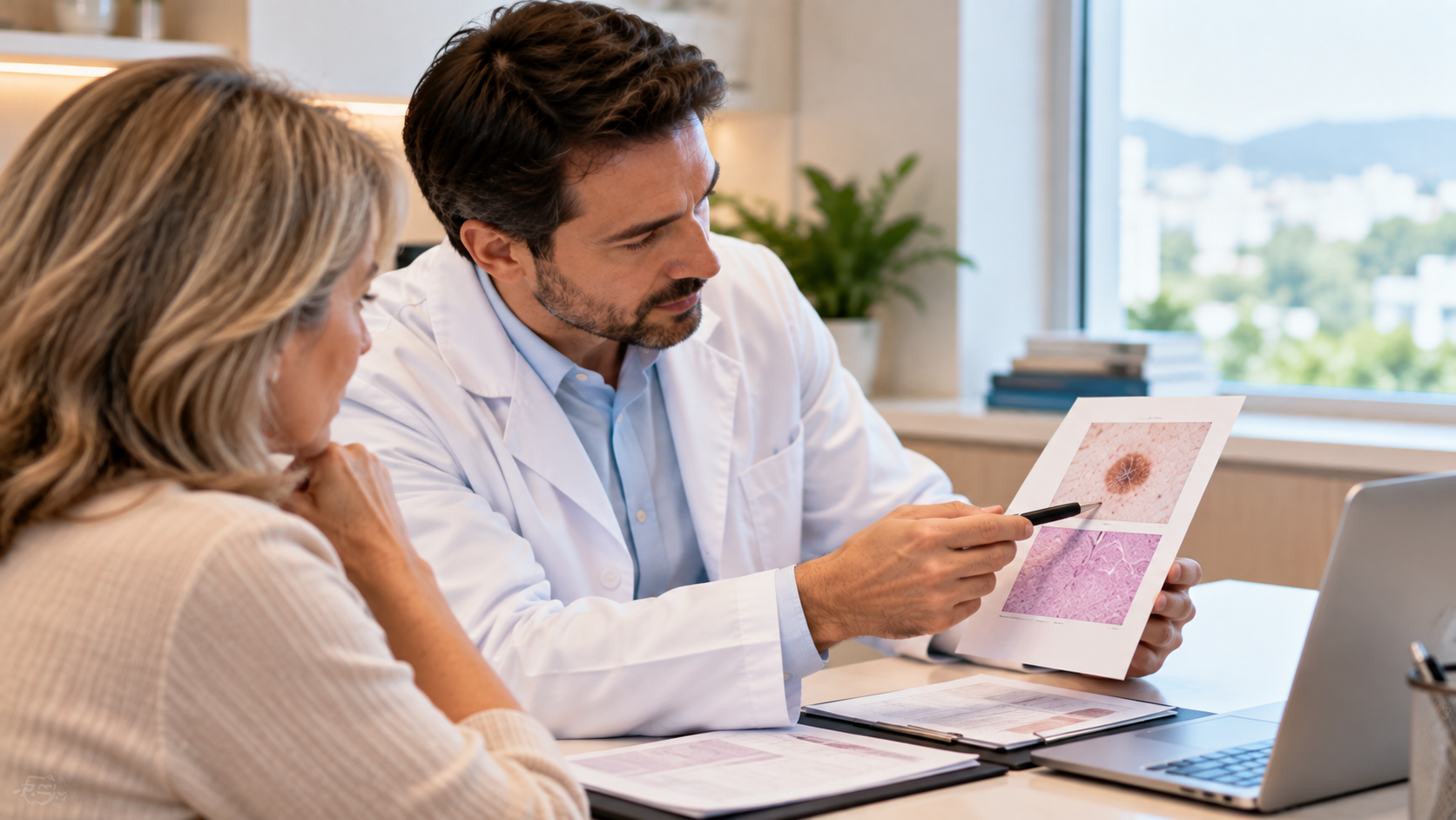 Médico dermatologista orientando paciente durante consulta e revisão da documentação clínica, representando o processo de solicitação de reembolso da cirurgia micrográfica de Mohs.