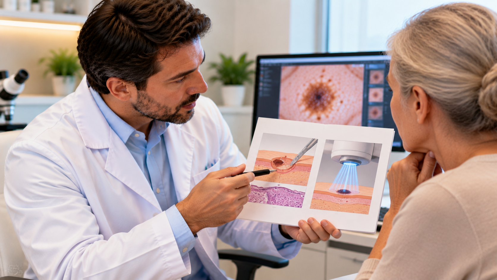 Médico dermatologista explicando a uma paciente idosa as diferenças entre Cirurgia Micrográfica de Mohs e radioterapia, representando a escolha do tratamento para câncer de pele.