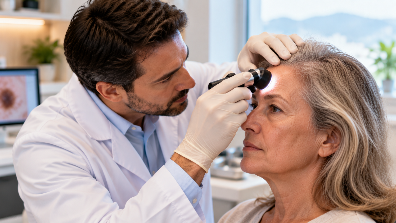 Médico dermatologista examinando a testa e a região da têmpora de uma paciente com dermatoscópio, representando a avaliação do carcinoma basocelular na região frontotemporal.