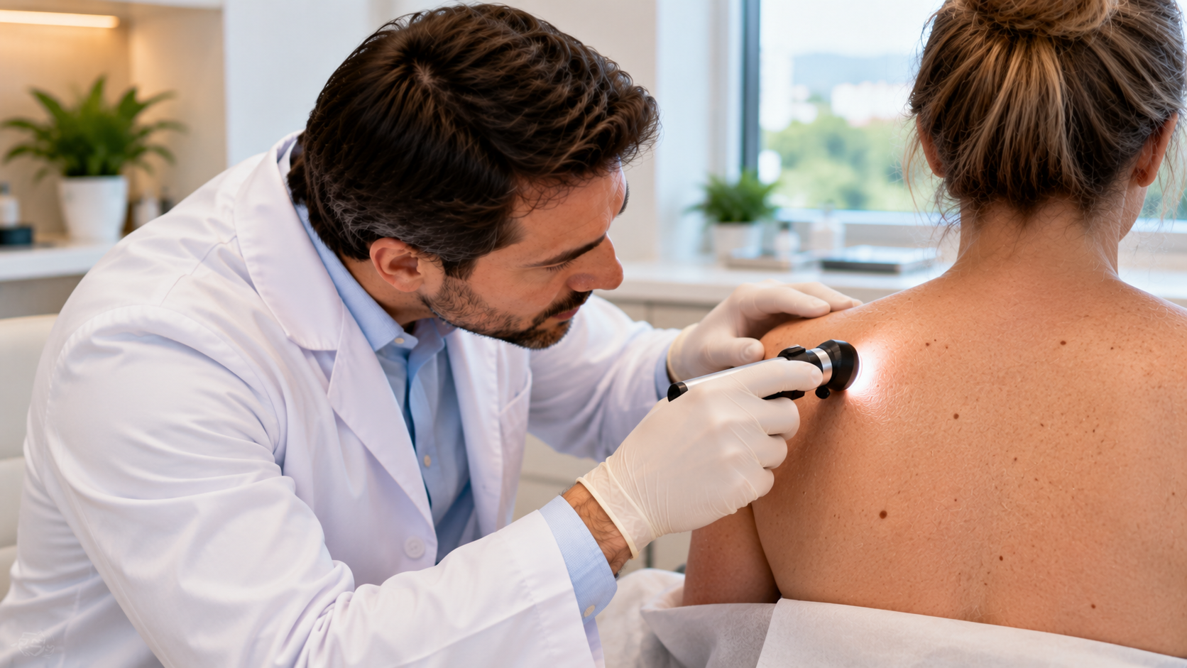 Médico dermatologista examinando a pele das costas de uma paciente com dermatoscópio, representando a avaliação e o diagnóstico do carcinoma basocelular no tronco.