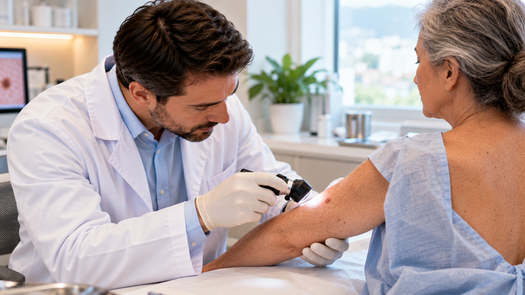 Médico dermatologista examinando a pele do braço de uma paciente idosa com dermatoscópio, representando a prevenção e o acompanhamento do câncer de pele em pacientes transplantados.