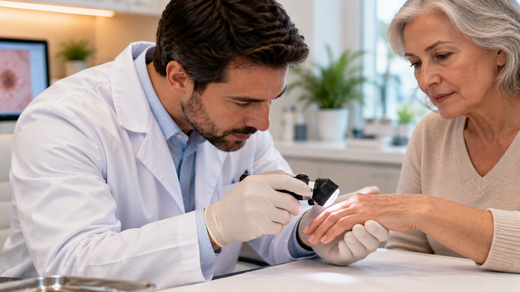 Médico dermatologista examinando a mão e os dedos de uma paciente com dermatoscópio, representando a avaliação de sinais suspeitos de câncer de pele nessa região.