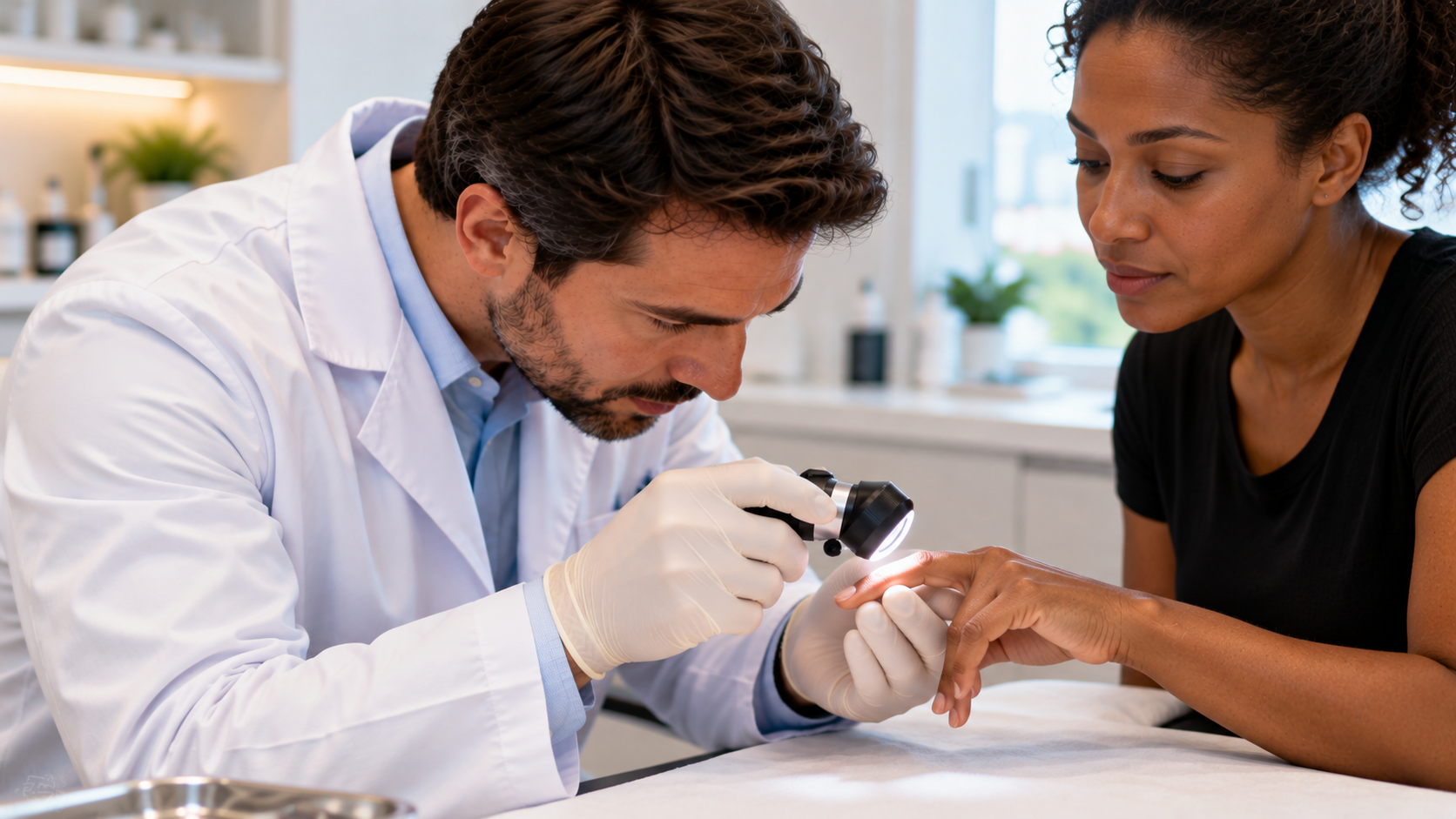 Médico dermatologista examinando a unha de uma paciente negra com dermatoscópio, representando a investigação de sinais suspeitos de câncer de pele e melanoma acral em pessoas de pele negra.