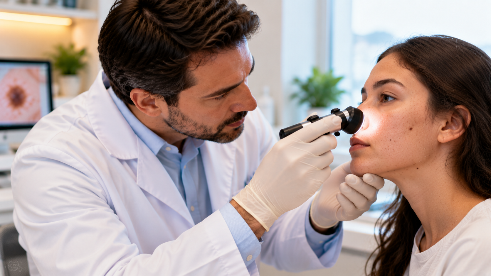 Médico dermatologista examinando a pele do rosto de uma paciente jovem com dermatoscópio, representando a avaliação de múltiplos carcinomas basocelulares associados à síndrome de Gorlin.