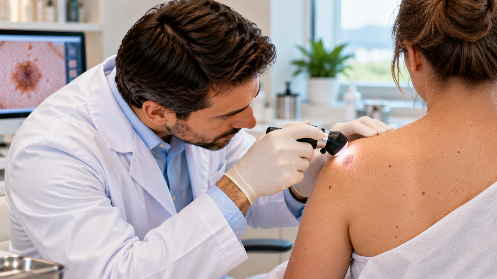 Médico dermatologista examinando a pele das costas de uma paciente com dermatoscópio, representando a avaliação do carcinoma basocelular para escolha entre Cirurgia de Mohs e curetagem e eletrocoagulação.