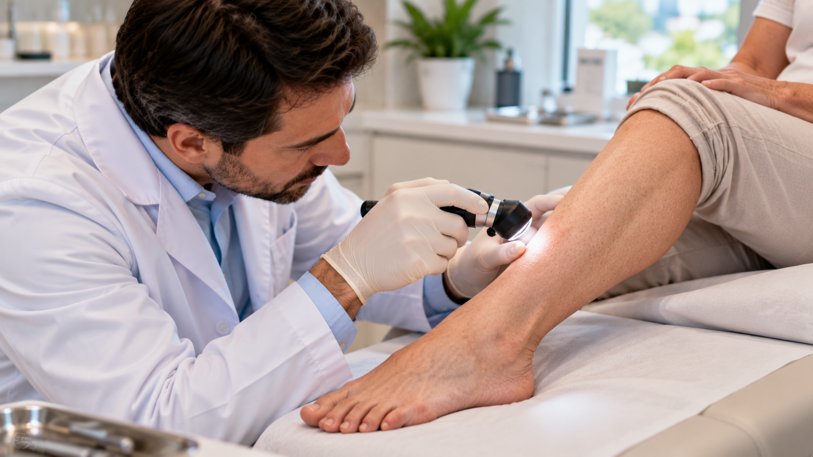 Médico dermatologista examinando a pele da perna de uma paciente com dermatoscópio, representando a investigação do carcinoma espinocelular na perna e no pé.