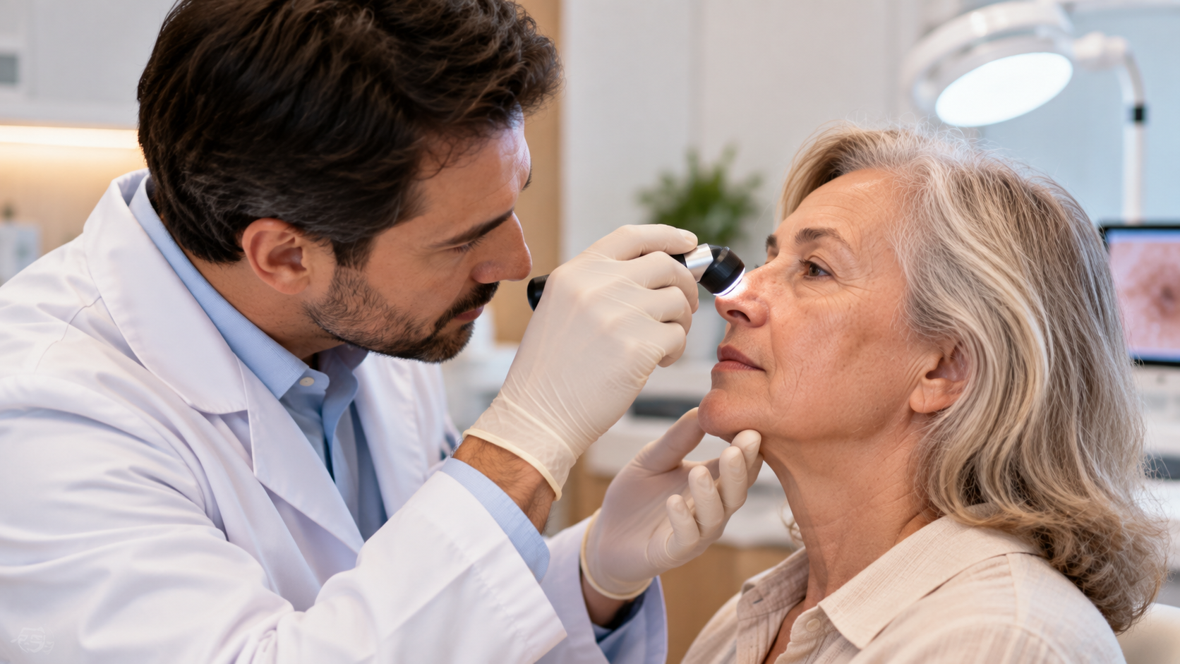 Médico dermatologista examinando o nariz de uma paciente idosa com dermatoscópio, representando a avaliação do carcinoma basocelular nas subunidades nasais.