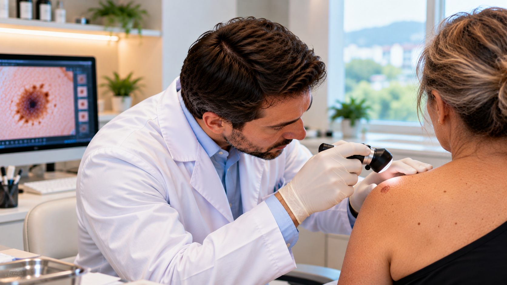 Médico dermatologista examinando a pele do ombro de uma paciente com dermatoscópio, representando o atendimento especializado em dermatologia e oncologia cutânea em Rio do Sul, Santa Catarina.