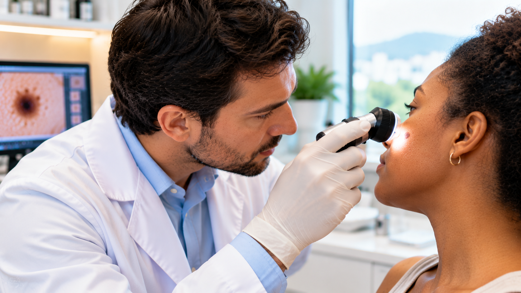 Médico dermatologista examinando a pele do rosto de um paciente idoso com dermatoscópio, representando a avaliação e o tratamento do carcinoma espinocelular em Florianópolis.