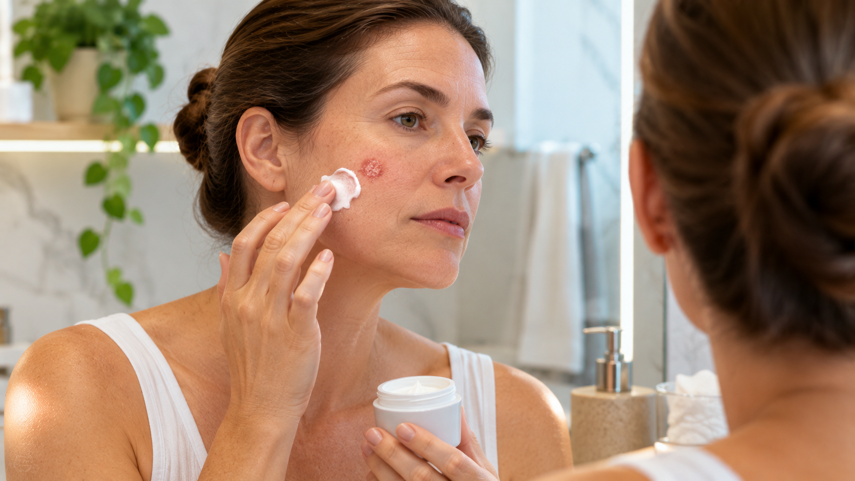 Mulher aplicando creme na pele do rosto diante do espelho, representando o tratamento tópico do carcinoma basocelular com medicamentos como imiquimode e 5-fluorouracila.